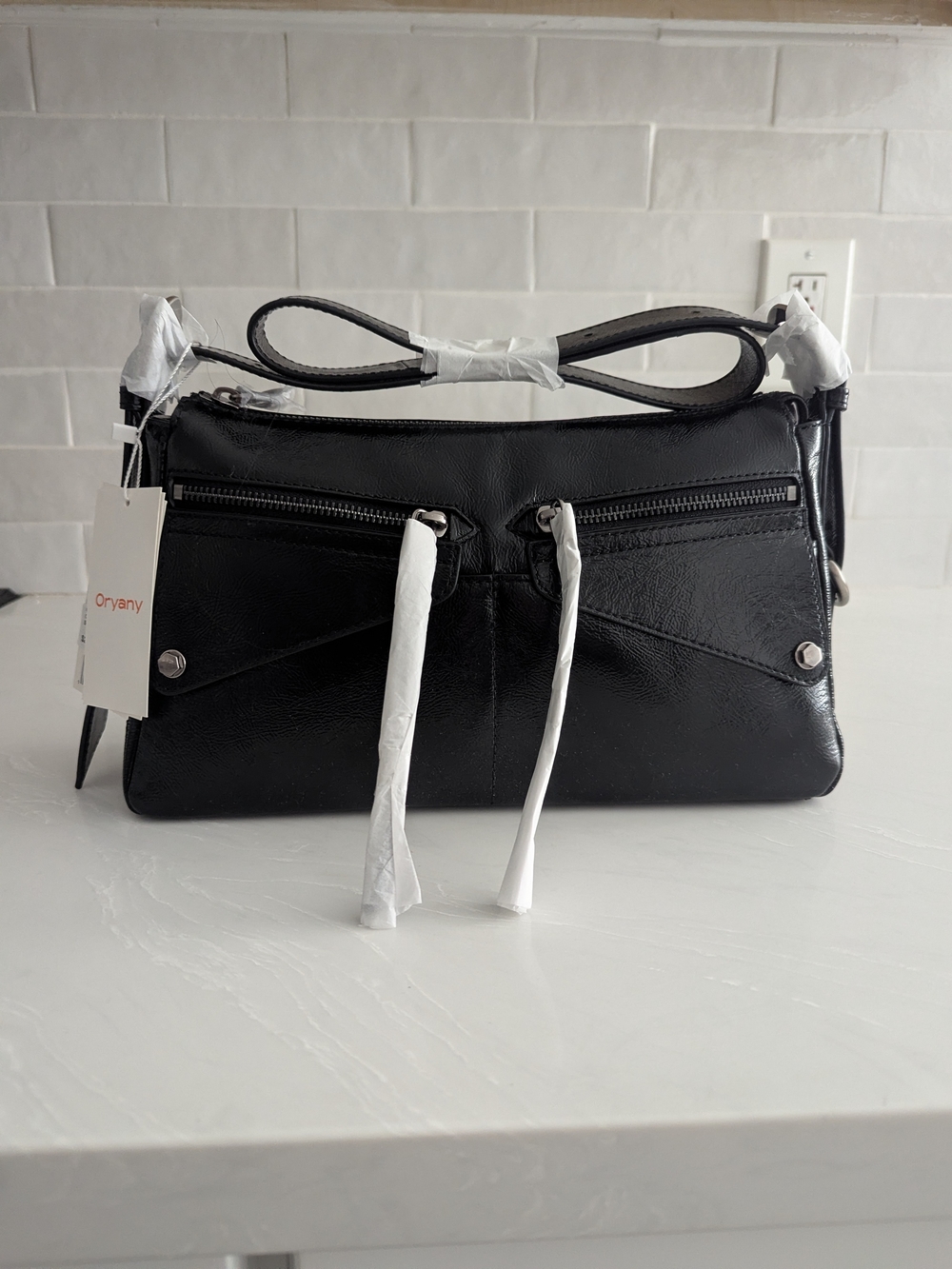 Oryany Moto Shoulder Medium Leather Shoulder Bag in Black NWT